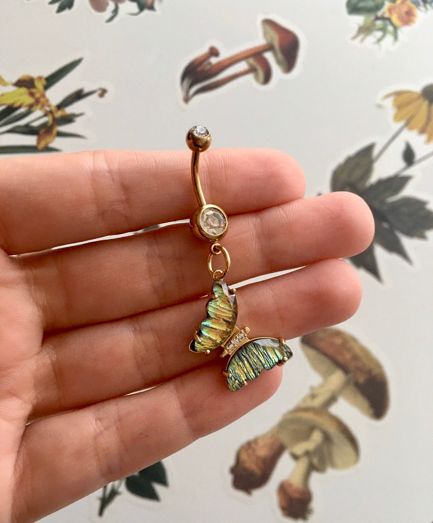 Iridescent Crystal Butterfly Belly Button Ring