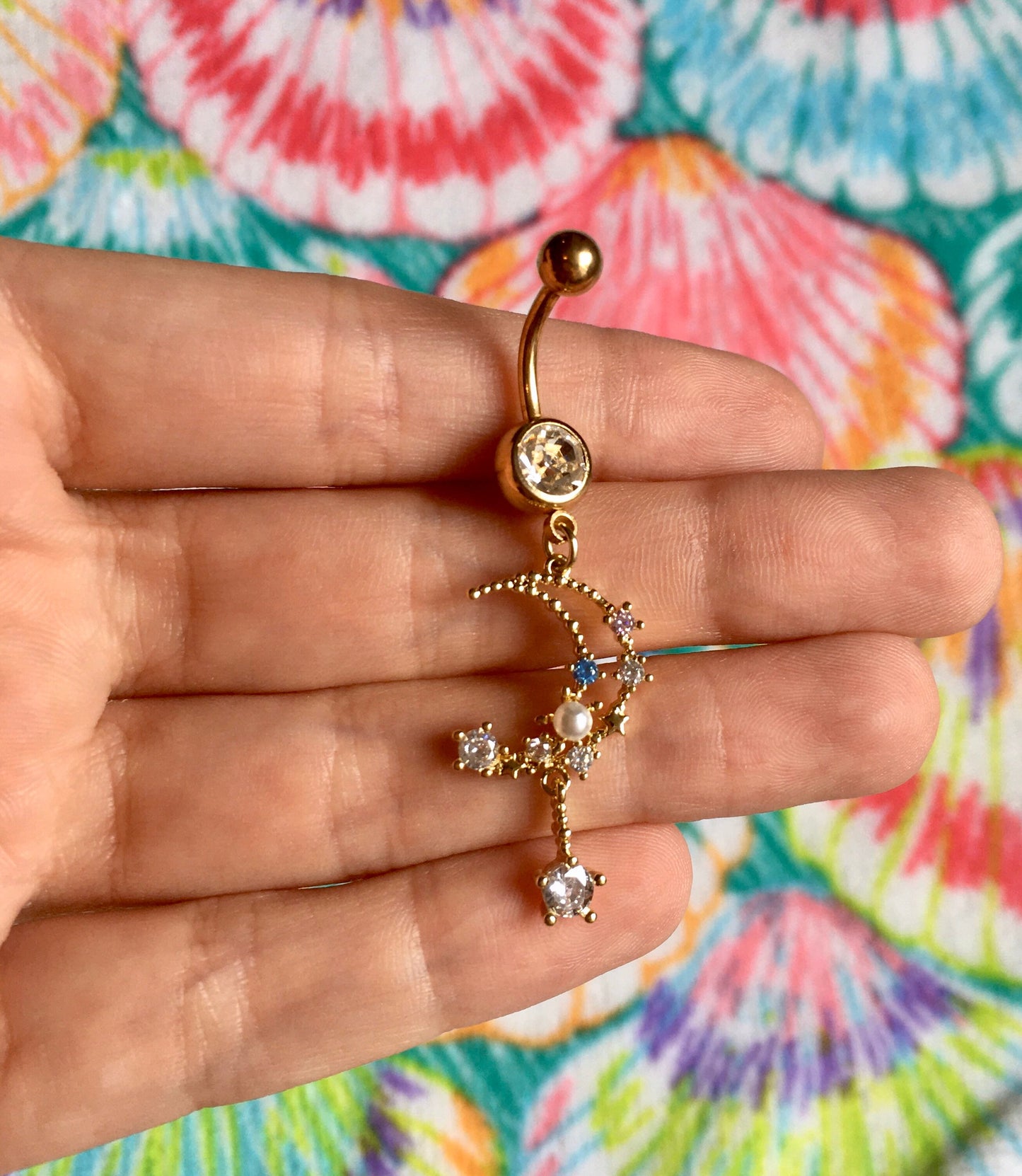 Crystal Moon & Pearl Belly Button Ring