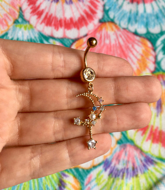 Crystal Moon & Pearl Belly Button Ring
