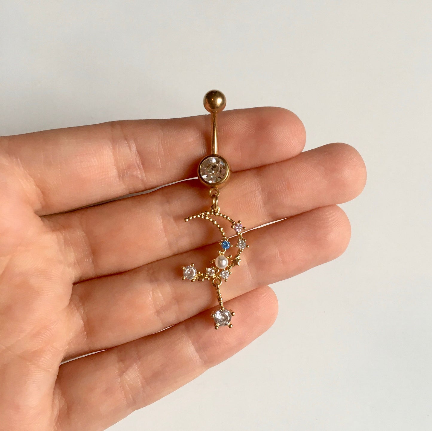 Crystal Moon & Pearl Belly Button Ring