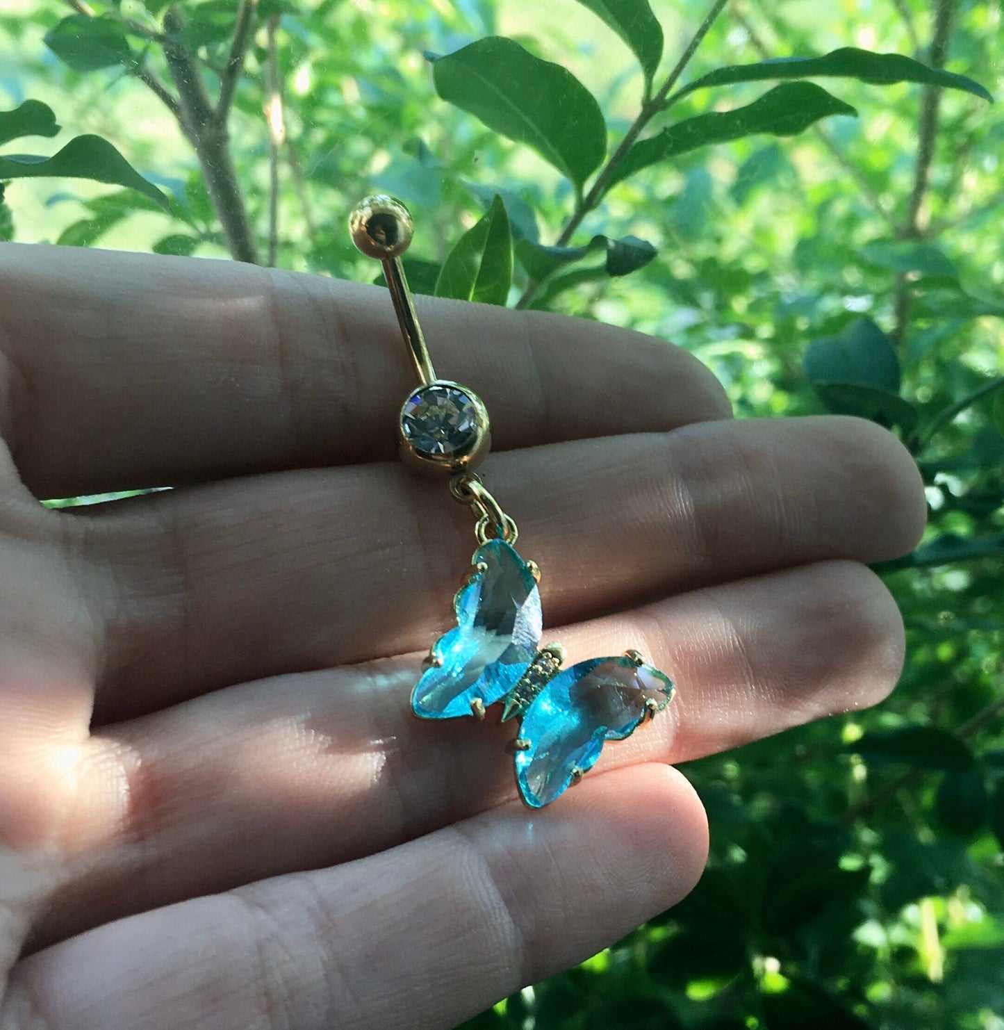 Blue Crystal Butterfly Belly Button Ring