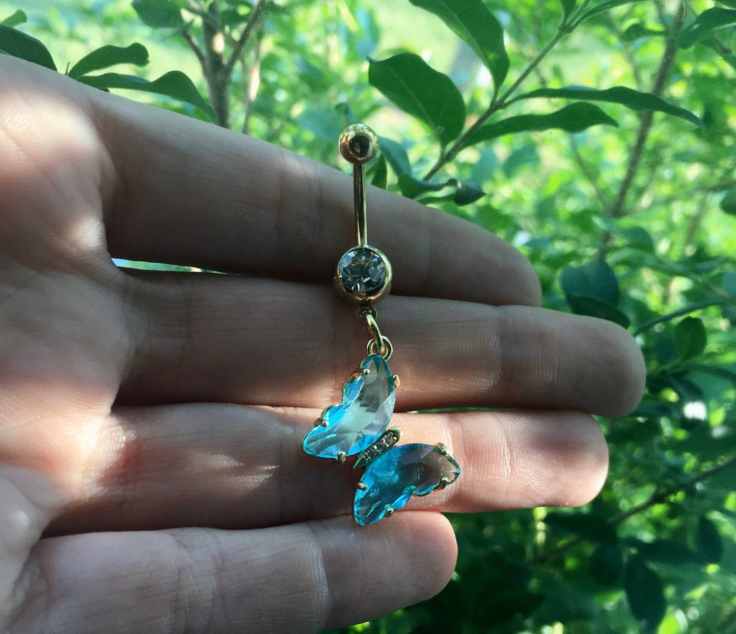 Blue Crystal Butterfly Belly Button Ring