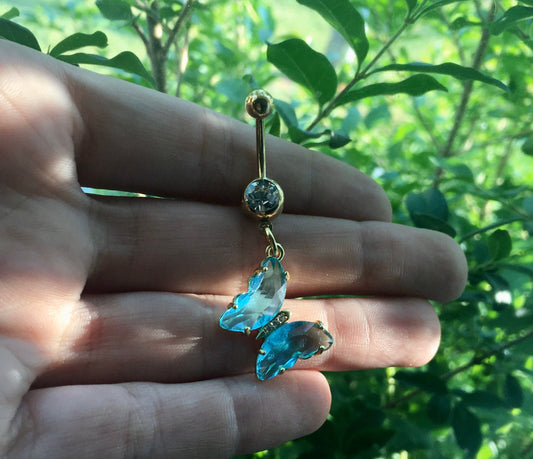 Blue Crystal Butterfly Belly Button Ring