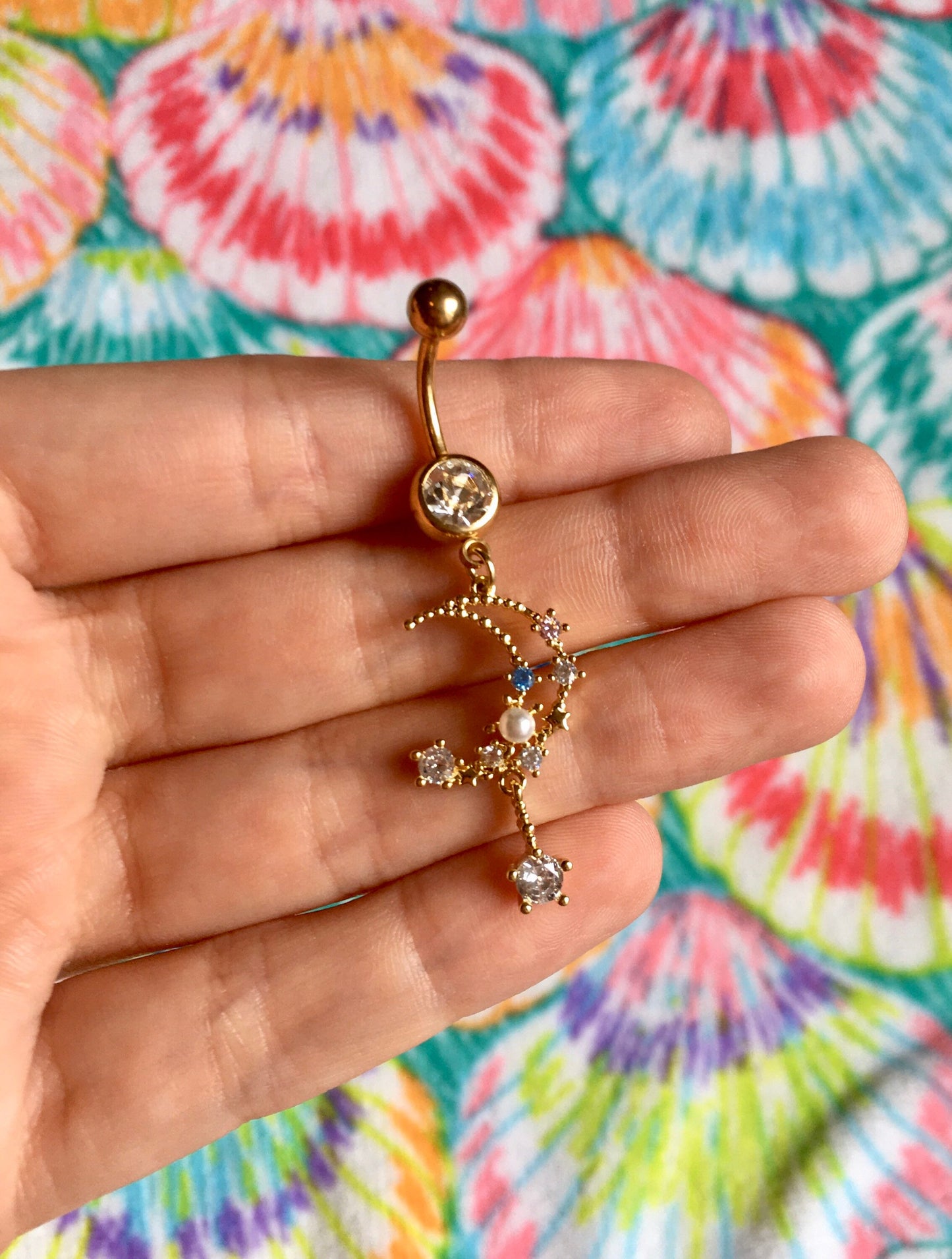 Crystal Moon & Pearl Belly Button Ring